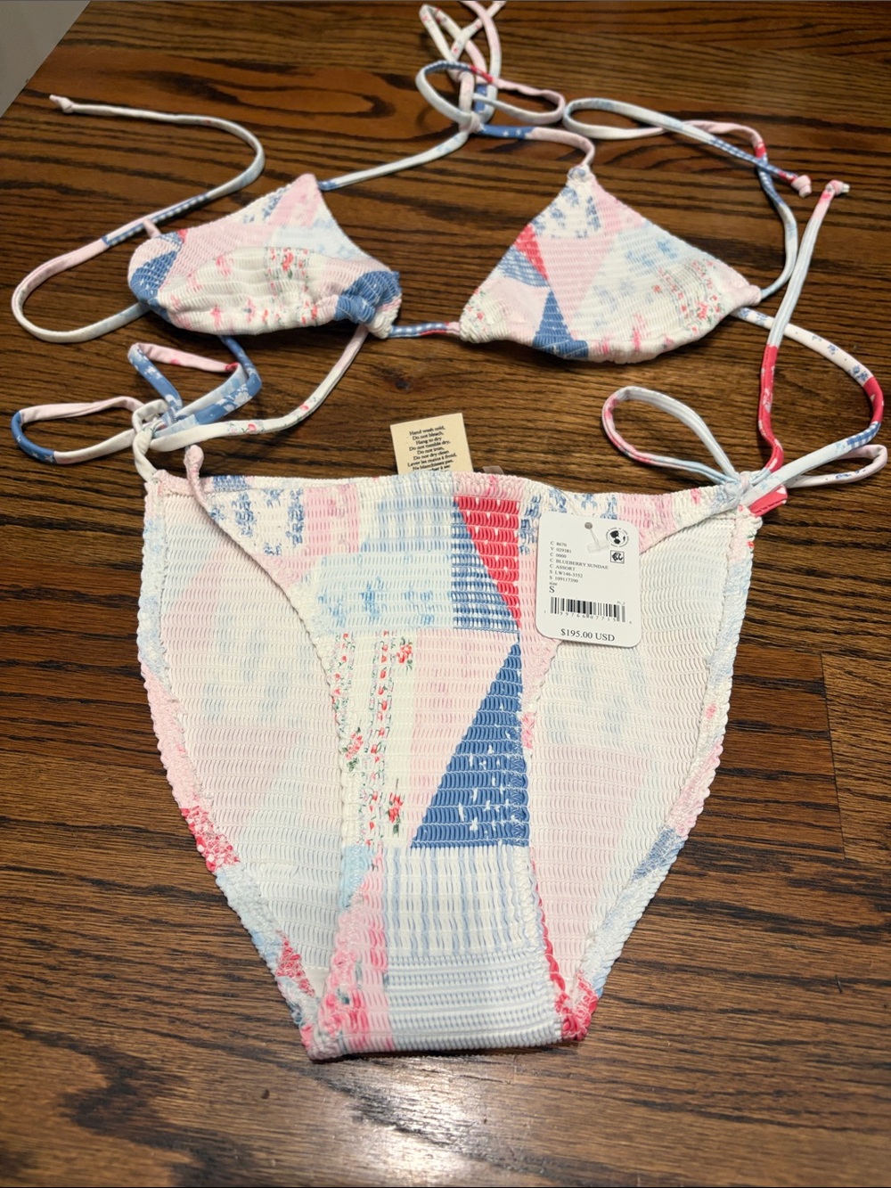 LoveShackFancy Patchwork Smocked Triangle Bikini — Pink, Blue, White